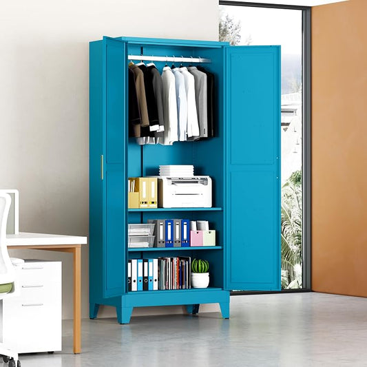Metal Armoire Wardrobe Closet with Hanging Rod, 71'' Metal Wardrobe Cabinets with 2 Doors and Adjustable Shelves, Bedroom Armoires, Laundry Room Clothing Storage Cabinet, Office Wardrobes