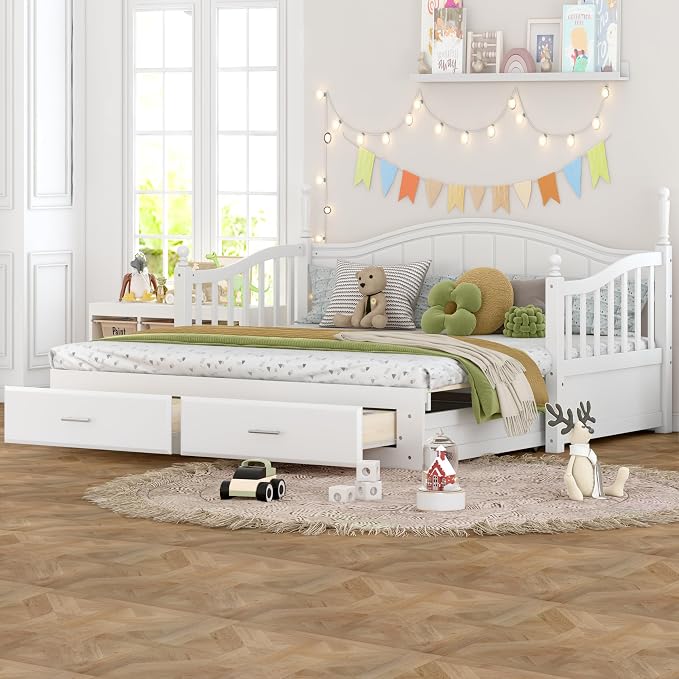 Merax Multifunctional Extending Day Bed with Trundle & Drawers Twin to King Wood Sofa Bed with Headboard No Box Spring Needed White