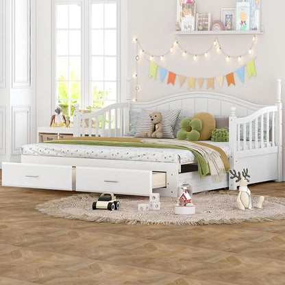 Merax Multifunctional Extending Day Bed with Trundle & Drawers Twin to King Wood Sofa Bed with Headboard No Box Spring Needed White