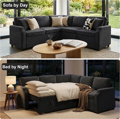 ROCANT 82 inch Modular Sectional Couch with Pull Out Bed, 5-Seat L-Shaped Chenille Sleeper Sofa with Reversible Chaise and 2 Pillows, Black