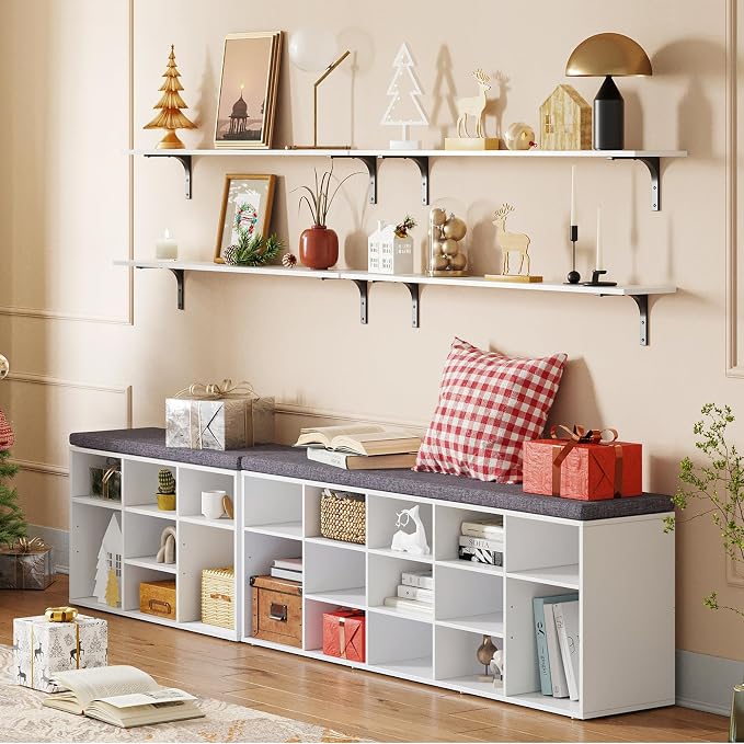 DINZI LVJ Shoe Storage Bench with Cushion, 13-Cubby Shoe Rack, Adjustable Shelves, Multifunctional Shoe Organizer Bench for Entryway, Mudroom, Hallway, Living Room, Bedroom and Garage, White