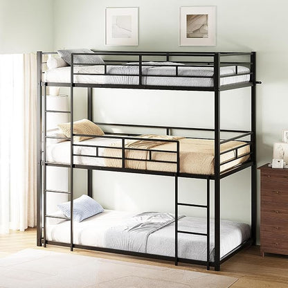 JOYMOR Triple Bunk Bed Twin Over Twin Over Twin, Metal 3 Bunk Bed for Kids, Teens and Adults, Heavy Duty Triple Bed Frame with Safety Guardrail, No Box Spring Needed