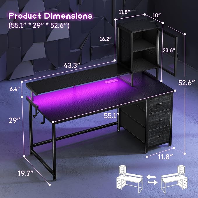 DurayLoly 55" Black Computer Desk with 2 Acrylic Cabinet & 3 Fabric Drawers | Integrates Ample Storage & Display, Great Fit for Small Spaces, Outlets Suitable for Studying, Working & Gaming Equipments