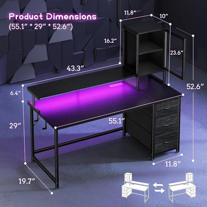 DurayLoly 55" Black Computer Desk with 2 Acrylic Cabinet & 3 Fabric Drawers | Integrates Ample Storage & Display, Great Fit for Small Spaces, Outlets Suitable for Studying, Working & Gaming Equipments