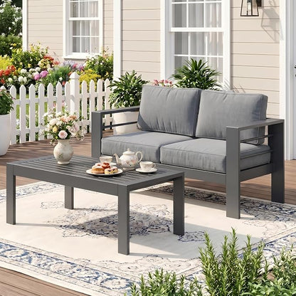 Wisteria Lane Aluminum Outdoor Sofa, 2 Pieces Patio Couch All-Weather Rust-Proof Modern Metal Patio Furniture with 5" Thick Olefin Cushions, Light Grey