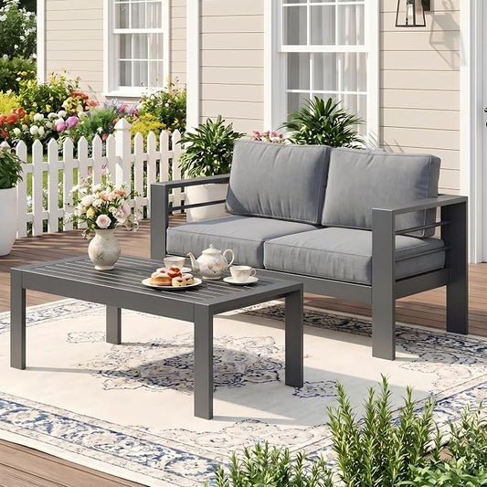 Wisteria Lane Aluminum Outdoor Sofa, 2 Pieces Patio Couch All-Weather Rust-Proof Modern Metal Patio Furniture with 5" Thick Olefin Cushions, Light Grey