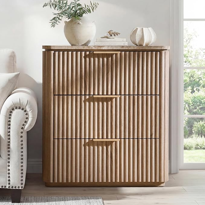 Fluted Nightstand with Faux Marble Top, Modern Bedside Table | FSC-Certified Engineered Wood, 25" H, 3 Drawers, Rounded Corner, Metal Handle, for Bedroom, Natural Oak