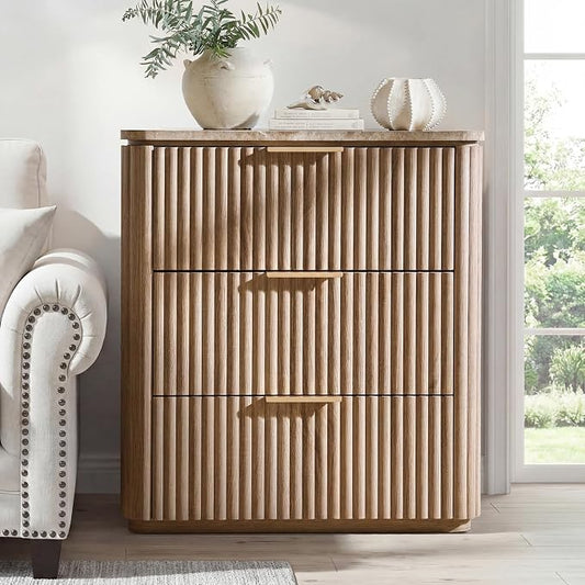 Fluted Nightstand with Faux Marble Top, Modern Bedside Table | FSC-Certified Engineered Wood, 25" H, 3 Drawers, Rounded Corner, Metal Handle, for Bedroom, Natural Oak