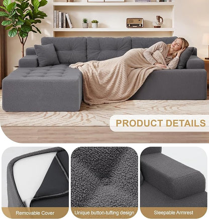Hobestluk Modular Sectional Sofa Couches L-Shape Couch 3 Seat Modular Sofa Memory Foam Sectional Couches for Living Room, Cloud Couch with Oversized Chaise (Grey Tufted, 96", Left Hand Facing)