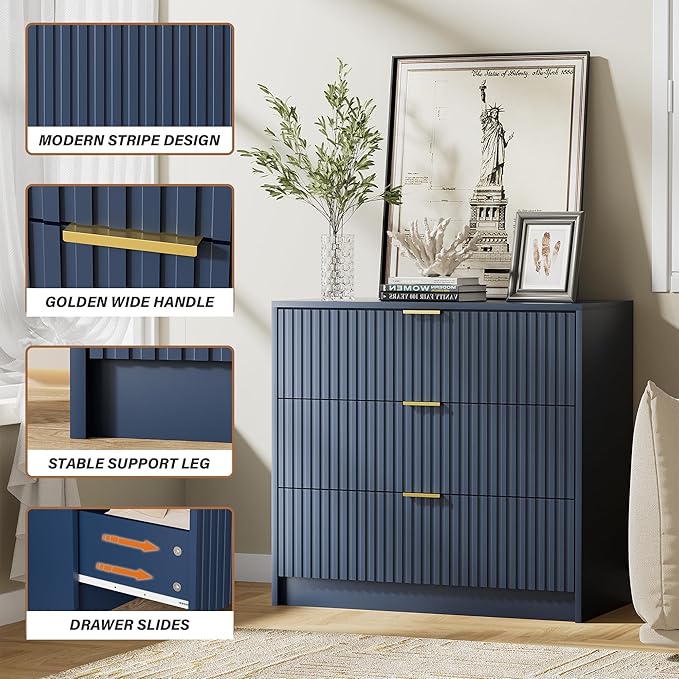 Furniway Navy Blue Dresser for Bedroom, Modern Dresser with 3 Drawers and Smooth Slides, Wide Chest of Drawers with Golden Handles for Bedroom, Living Room, Closet, 15.7" D x 31.5" W x 29.6" H