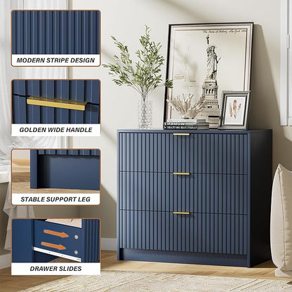 Furniway Navy Blue Dresser for Bedroom, Modern Dresser with 3 Drawers and Smooth Slides, Wide Chest of Drawers with Golden Handles for Bedroom, Living Room, Closet, 15.7" D x 31.5" W x 29.6" H
