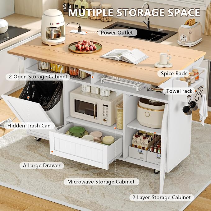 Einhomn 65" Kitchen Island with Power Outlet & Drop Leaf, Island Table for Kitchen with Trash Can Storage, Mobile Rolling Kitchen Islands on Wheels with Spice Rack, Towel Rack & 4 Side Hooks, White
