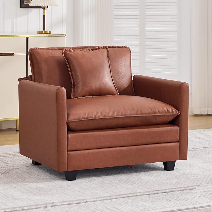 WUTUTUEE 41'' Modern Leather Oversized Chair, Upholstered Accent Living Room Chair with Extra Thicked Deep Seat, Single Lounge Chair for Bedroom, Small Apartment, Leather Brown