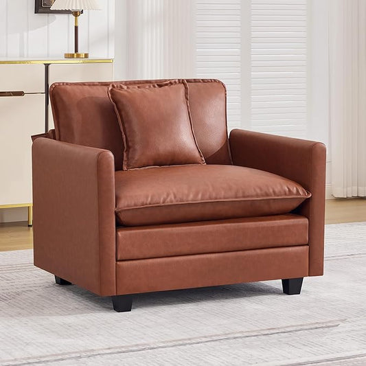 WUTUTUEE 41'' Modern Leather Oversized Chair, Upholstered Accent Living Room Chair with Extra Thicked Deep Seat, Single Lounge Chair for Bedroom, Small Apartment, Leather Brown
