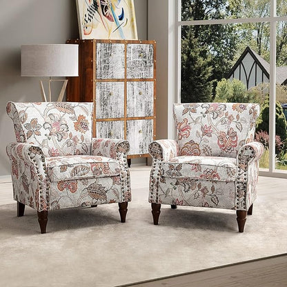HULALA HOME Modern Wingback Accent Chairs Set of 2 with Wood Legs & Removable Cushion, Comfy Upholstered Armchairs with Nailhead Trim, Floral Pattern Single Sofa Chairs for Living Room Bedroom, Pink