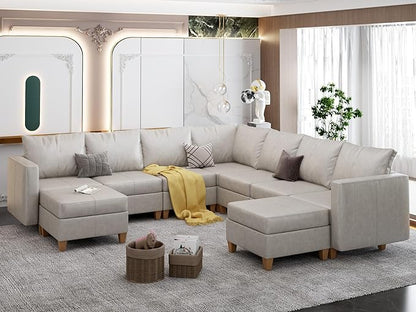 EASE MOOSE Leather Sectional Couch Sofa with Storage,Faux Leather Modualr Sectional Sofa Brown U Shaped Modular Couch,Whitesand