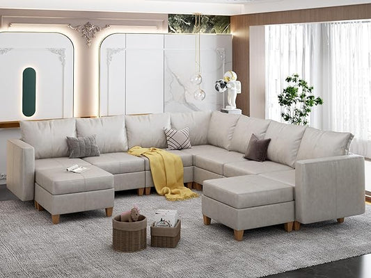 EASE MOOSE Leather Sectional Couch Sofa with Storage,Faux Leather Modualr Sectional Sofa Brown U Shaped Modular Couch,Whitesand