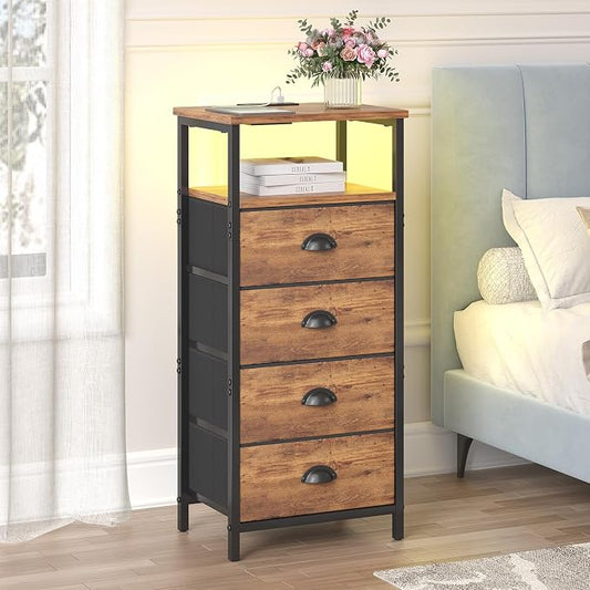 sthmec Nightstand with Charging Station,LED Nightstand with 4 Fabric Drawers, Bedside End Tables, 2-Tier Open Storage Shelf Side Table Nightstand with Drawers for Bedroom,Rustic Brown