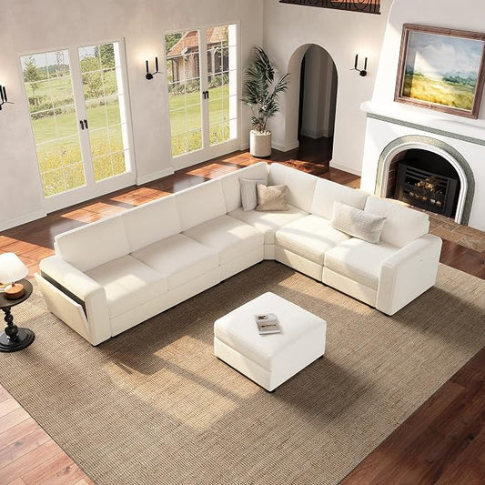 Vesgantti Oversized Modular Sectional Sofa, 6-Seater Chenille L Shaped Modular Couch with Ottoman, Storage Armrests, Large Comfy Sectional Couches for Living Room, Apartment, Beige