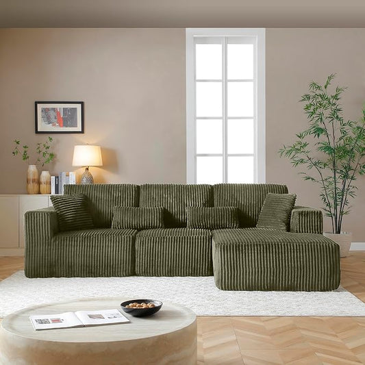 L Shaped Modular Boneless Sectional Couches for Living Room, Wide Armrest, Deep Seat, Memory Foam, Assembly Free, Modern Comfy Corduroy Fluffy Cloud Sofa with Right Chaise, Green