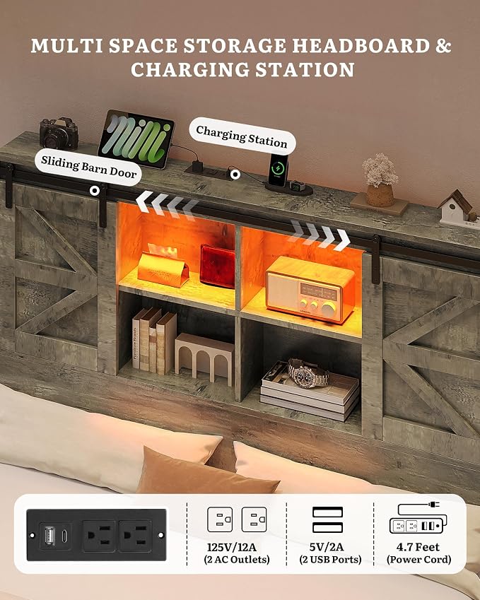 DWVO Farmhouse Queen Size Bed with 50" Tall Storage Bookcase Headboard, Sliding Barn Door, 4 Storage Drawers, RGB LED Bed Frame w/Type-C&USB Charging Station, No Box Spring Needed, Antique Grey