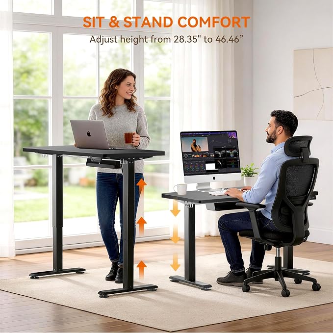 Standing Desk, 55 x 24 Inches Electric Height Adjustable Desk, Sit Stand up Desk, Memory Computer Home Office Gaming Desk with 3 Preset Heights, Table Cable Management Box, Black