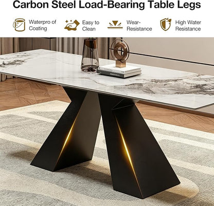 Marble Expandable Table 63 to 94.5 Inch Expansion Sintered Stone Table for 6-10 People, Scratch Resistant Heat Resistant Easy Clean, Kitchen Living Room Folding Dining Table