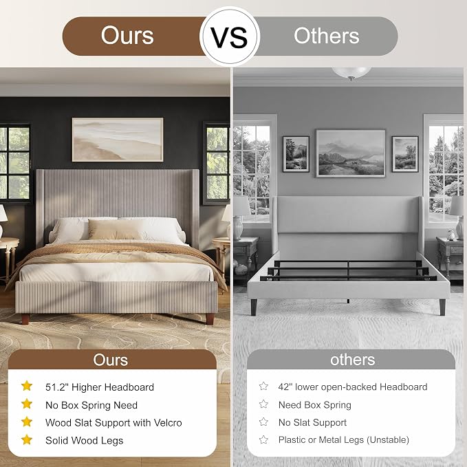 HOWE California King Size Bed Frame with Corduroy Wingback Headboard, Taupe | Modern Upholstered Platform Bed, 50.8 Inch Tall Profile, Solid Wood Slats, No Box Spring Needed, Noise-Reducing Designrt