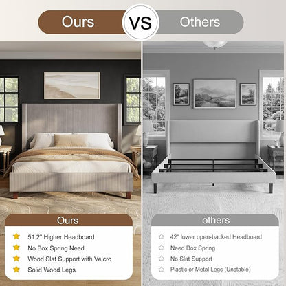 HOWE King Size Bed Frame with 50.8 Inch Corduroy Wingback Headboard, Taupe | Modern Upholstered Platform Bed, Solid Wood Slats, No Box Spring Needed, Noise-Reducing Design