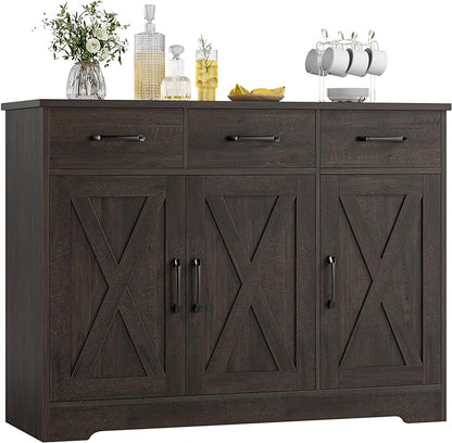 HOSTACK Modern Farmhouse Buffet Sideboard Cabinet, Barn Doors Storage Cabinet with Drawers and Shelves, Wood Coffee Bar with Storage for Dining Room, Kitchen, Living Room, Dark Brown