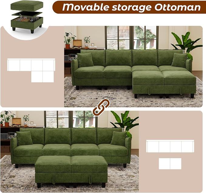 WorthFurni 112" Modular Sectional Sofa U Shape Couches with Storage Ottoman and Washable Cushion Cover for Living Room, Bedroom, Apartment(Green)