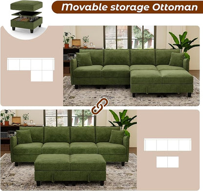 WorthFurni 112" Modular Sectional Sofa U Shape Couches with Storage Ottoman and Washable Cushion Cover for Living Room, Bedroom, Apartment(Green)