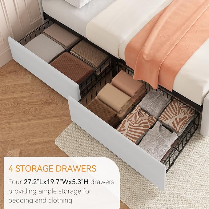 IDEALHOUSE Full Size Bed Frame with 4 Storage Drawers and Headboard, Faux Leather Upholstered Platform Bed Frame with Wooden Slats Support, Button Tufted Design, No Box Spring Needed, White