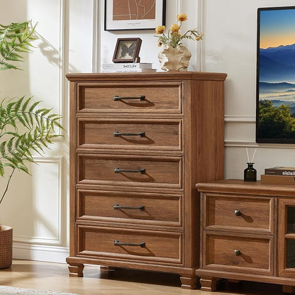 SAVOR LIFE Farmhouse 5 Drawer Dresser for Bedroom, 45” Tall Dressers & Chests of Drawers with Thickened Tabletop & Square Table Legs, Brown