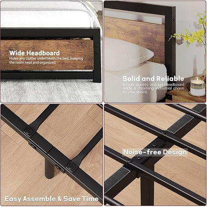 IDEALHOUSE King Size Bed Frame with Wooden Headboard and Footboard, Industrial King Bed Platform, No Box Spring Needed, Noise-Free, 13.8" Under Bed Storage, Easy Assembly