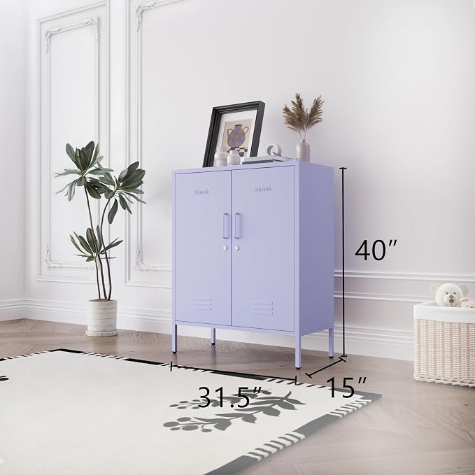 Purple 3 Tier Metal Storage Cabinet with Legs, Lockable 2 Door Metal Locker, Heavy Duty Multipurpose Accent Storage Cabinet with 2 Adjustable Shelves for Home, Office, Entryway and Hallway