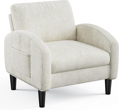 Homkdom Accent Chair for Living Room,Mid Century Modern Reading Chair with 2 Side Pockets,Upholstered Armchair for Apartment,Small Room,Beige