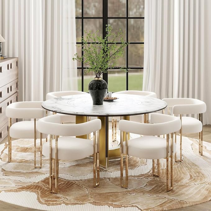 Hyfirm Beige and Gold Modern Dining Chairs Set of 6, Velvet Upholstered Barrel Armchairs with Metal Legs for Kitchen Island, Mid Century Accent Chairs for Dining Room Living Room, Open-Back