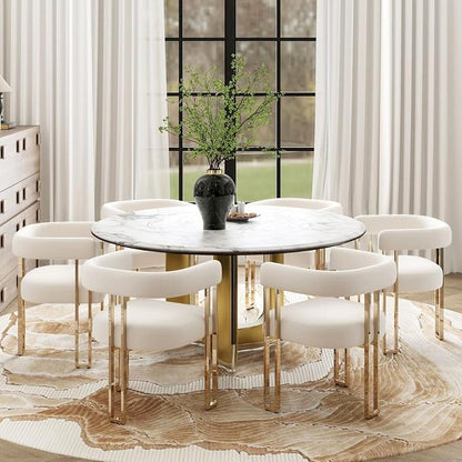 Hyfirm Beige and Gold Modern Dining Chairs Set of 6, Velvet Upholstered Barrel Armchairs with Metal Legs for Kitchen Island, Mid Century Accent Chairs for Dining Room Living Room, Open-Back