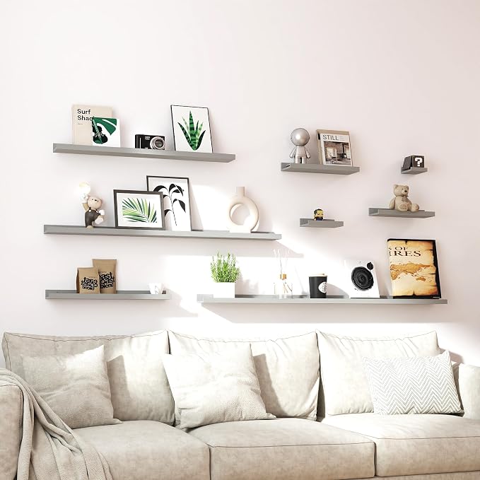 Floating Shelves for Wall Decor, Wall Mounted Wood Storage Shelf for Bedroom, Living Room, Bathroom, Kitchen, Nursery, Display Picture Ledge Shelf with Lip Set of 2-16 Inches, Grey