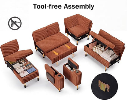 Vipbear 111" Modular Sectional Sleeper Sofa with Pull Out Bed, 7 Seat Plush Corduroy L Shaped Couch with Storage Chaise|USB Ports|Cup Holders|Side Table|Storage Armrests, Tool Free Assembly, Orange