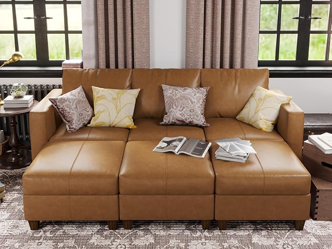 EASE MOOSE Faux Leather Sectional Modular Sofa Couch,Sleeper Modular Sectional Sofa Couch Bed Brown