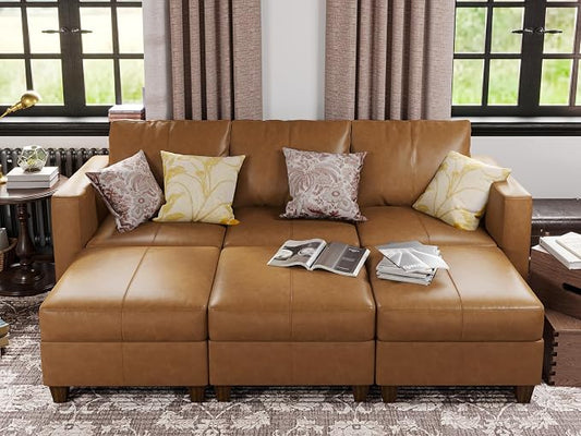 EASE MOOSE Faux Leather Sectional Modular Sofa Couch,Sleeper Modular Sectional Sofa Couch Bed Brown