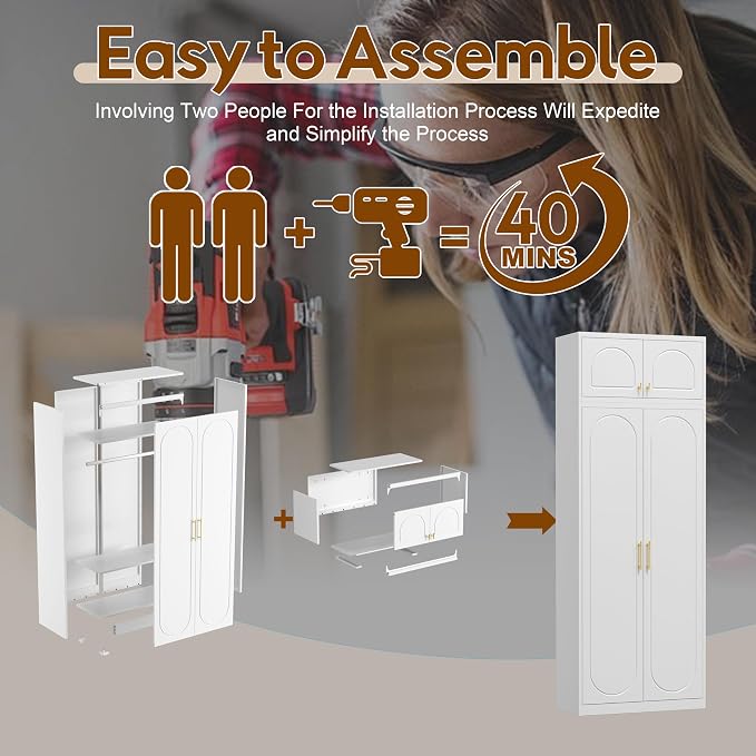 UNICOLY 86" Armoire Wardrobe Closet, 71'' Metal Closet with 15" Cabinets, Wardrobe Cabinet with Hanging Rod, for Bedroom School, Employee, Gym, Armarios De Ropa para DormitorioAssembly Required, White