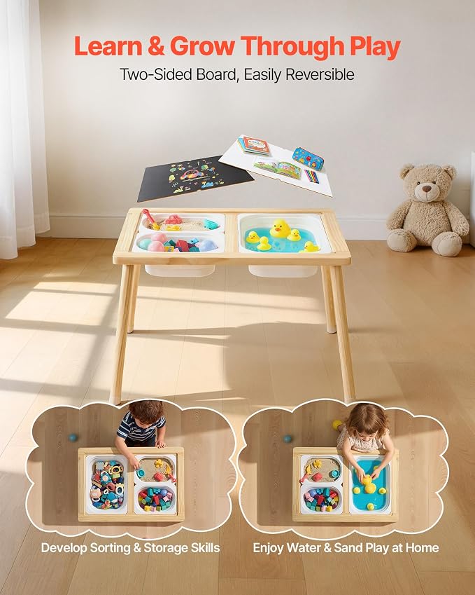 VEVOR Sensory Table for Toddlers, Wooden Kids Activity Table with Reversible Double-Sided Board, Storage Bins, and Non-Slip Feet, for Boys and Girls Playing Sand and Water, Drawing, Studying, Dining
