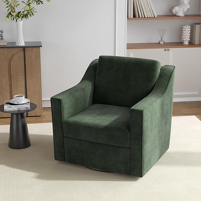 Swivel Accent Chair, Comfy Chenille Swivel Chair with Deep Seat, Upholstered Club Armchair with 360 Degree Rotation Base, Single Sofa Reading Chair for Living Room Bedroom, Green