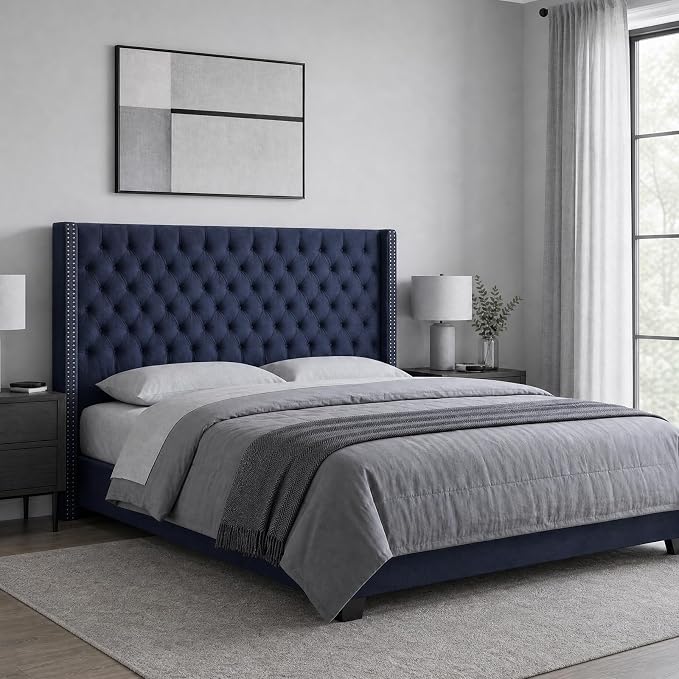 Madison Park Queen Wingback Upholstered Tufted Headboard, Featuring High-Density Sponge Padding, Adjustable Height Headboard, Easy Assembly, Navy