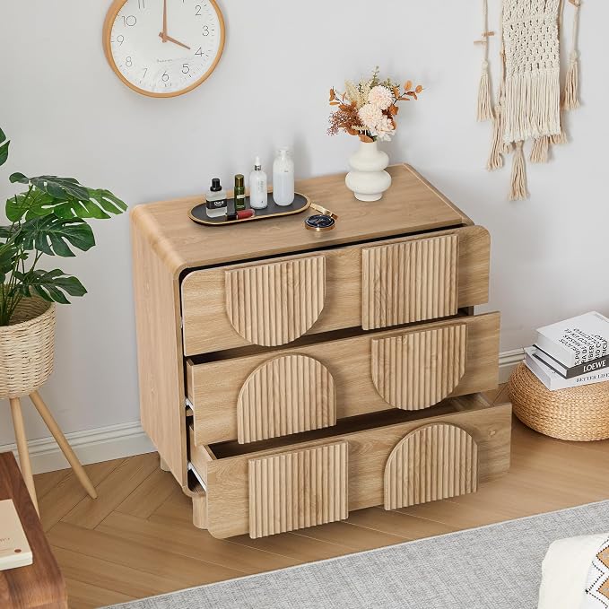Janmer Home 3 Drawer Dressers for Bedroom, 31.5" Wide Large Mid Century Modern Fluted Nightstand, Wood Dresser & Chest of Drawers with Curved Profile for Living Room, Entryway, Hallway, Natural