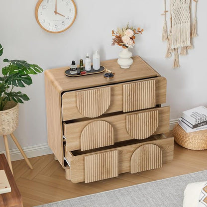 Janmer Home 3 Drawer Dressers for Bedroom, 31.5" Wide Large Mid Century Modern Fluted Nightstand, Wood Dresser & Chest of Drawers with Curved Profile for Living Room, Entryway, Hallway, Natural