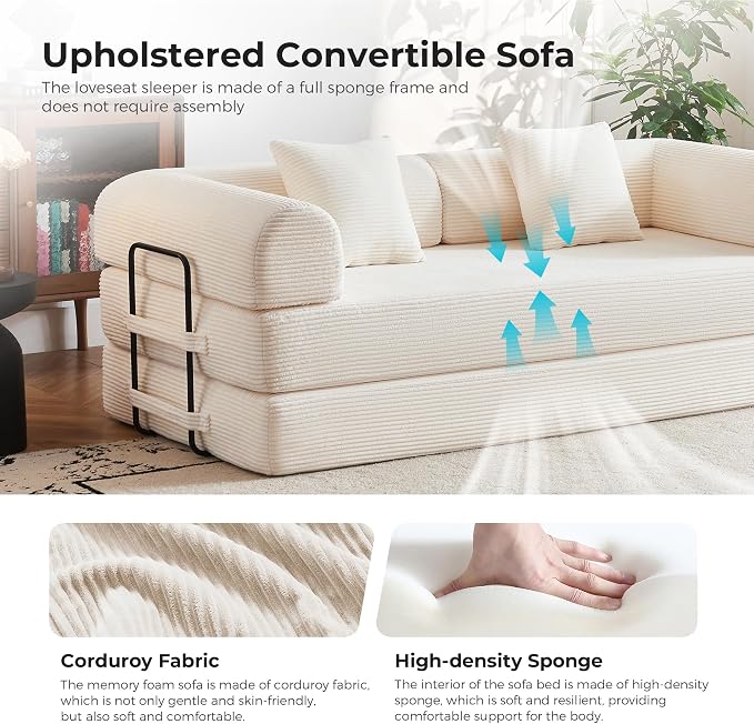 79" 5-in-1 Convertible Sofa Bed No Assembly, Boneless Couch Bed with High Density Foam, Foldable Sleeper Sofa, Corduroy Modular Couch for Apartment, Studio, Dorm Room, Small Space, Beige White
